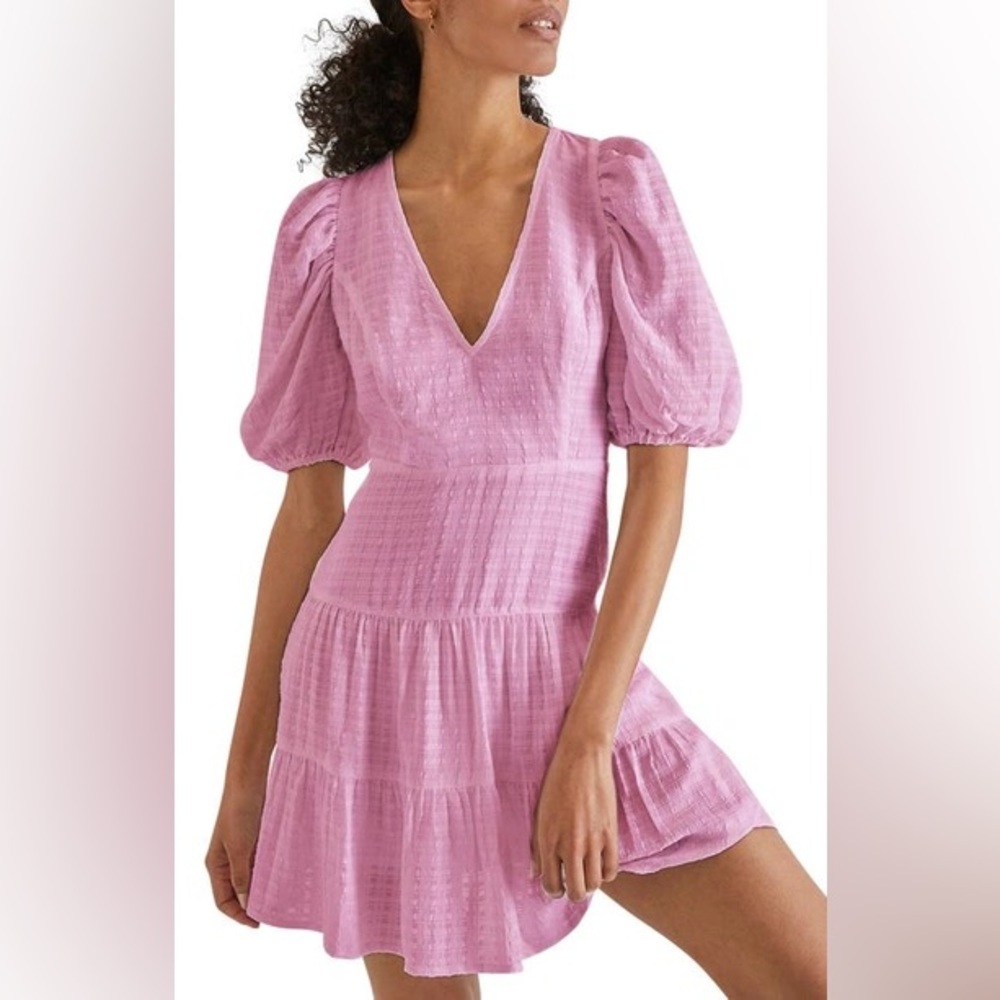 ☀️ FRENCH CONNECTION Birch Gingham Puff Sleeve Pink Dress